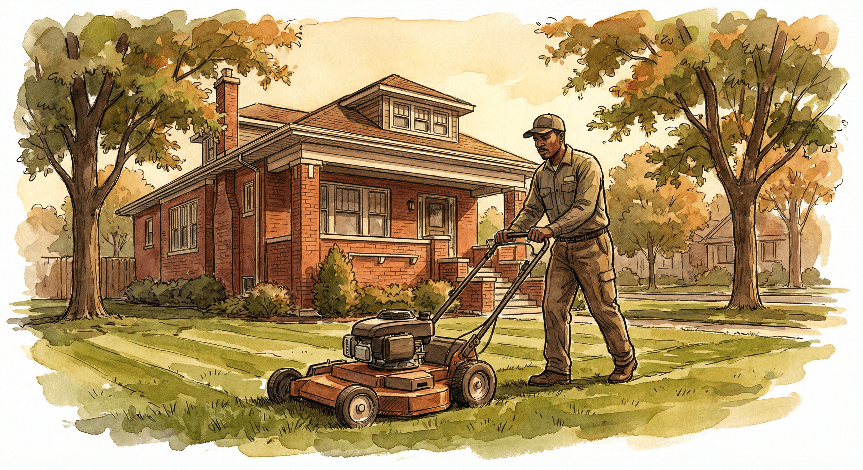 Professional mowing a Chicago bungalow lawn