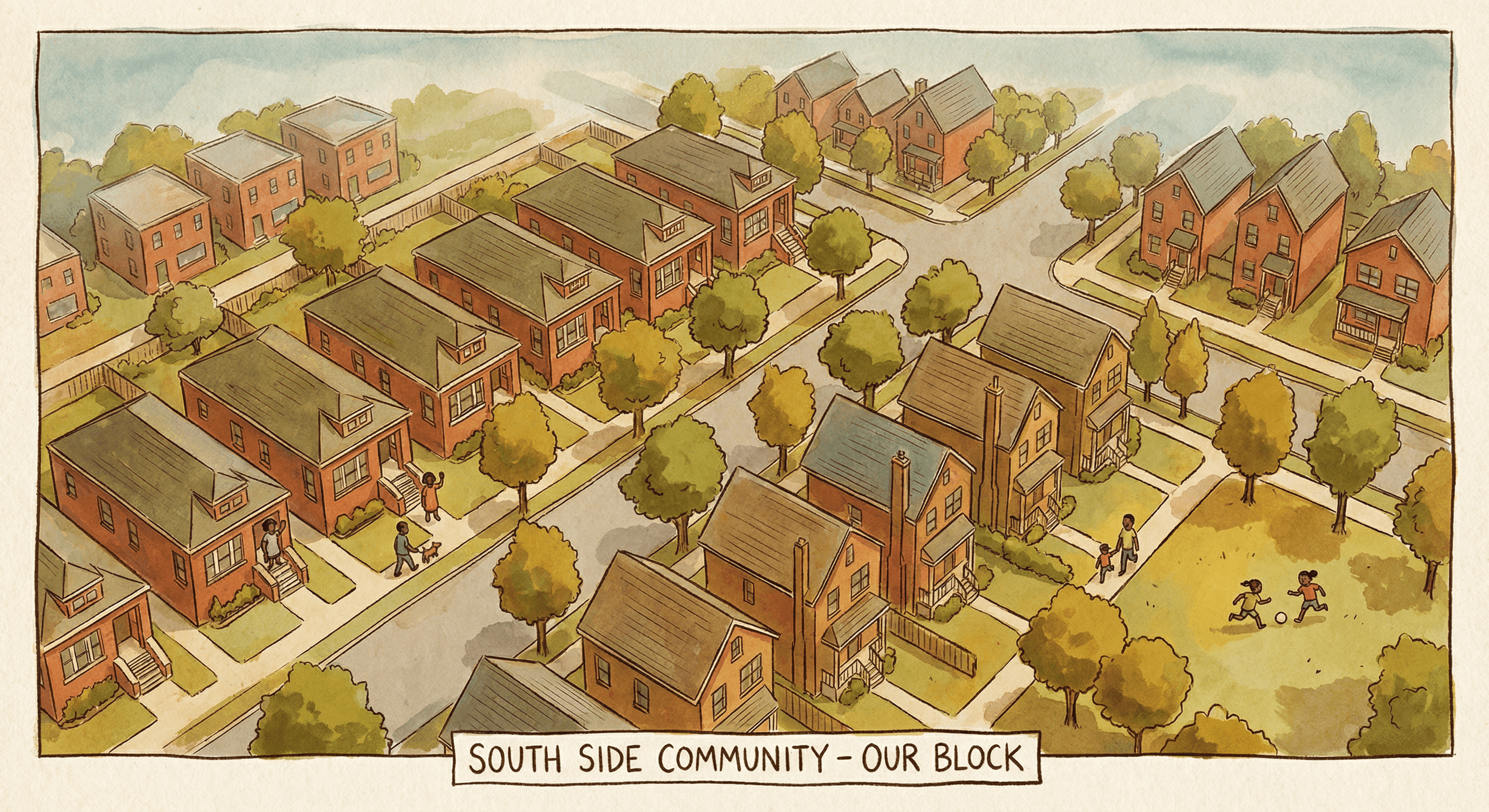 Illustrated aerial view of a South Side Chicago residential block